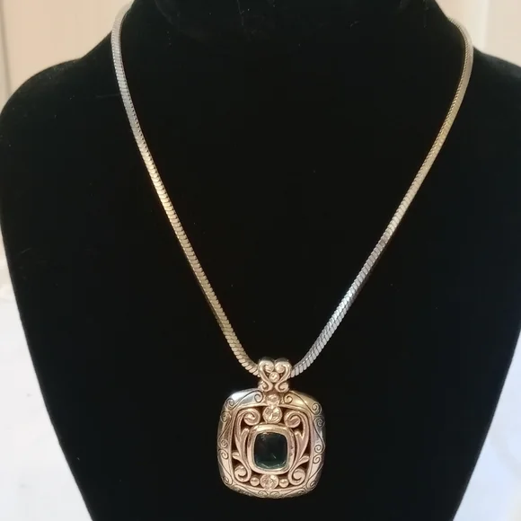 Brighton Blue Stone Scroll Pendant Necklace Silver Tone Snake Chain Elegant - Picture 3 of 12